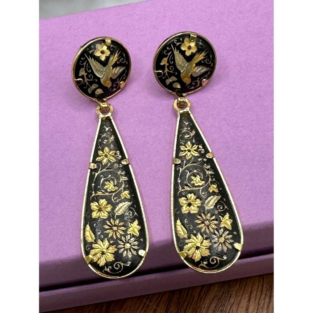 Vintage Damascene Earrings Teardrop Dangle Drop Gold, Back Tone Floral